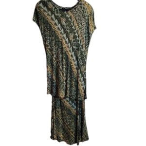JOHN ROBERTS, Vintage, green and yellow, tribal print shirt & skirt. SZ. 16